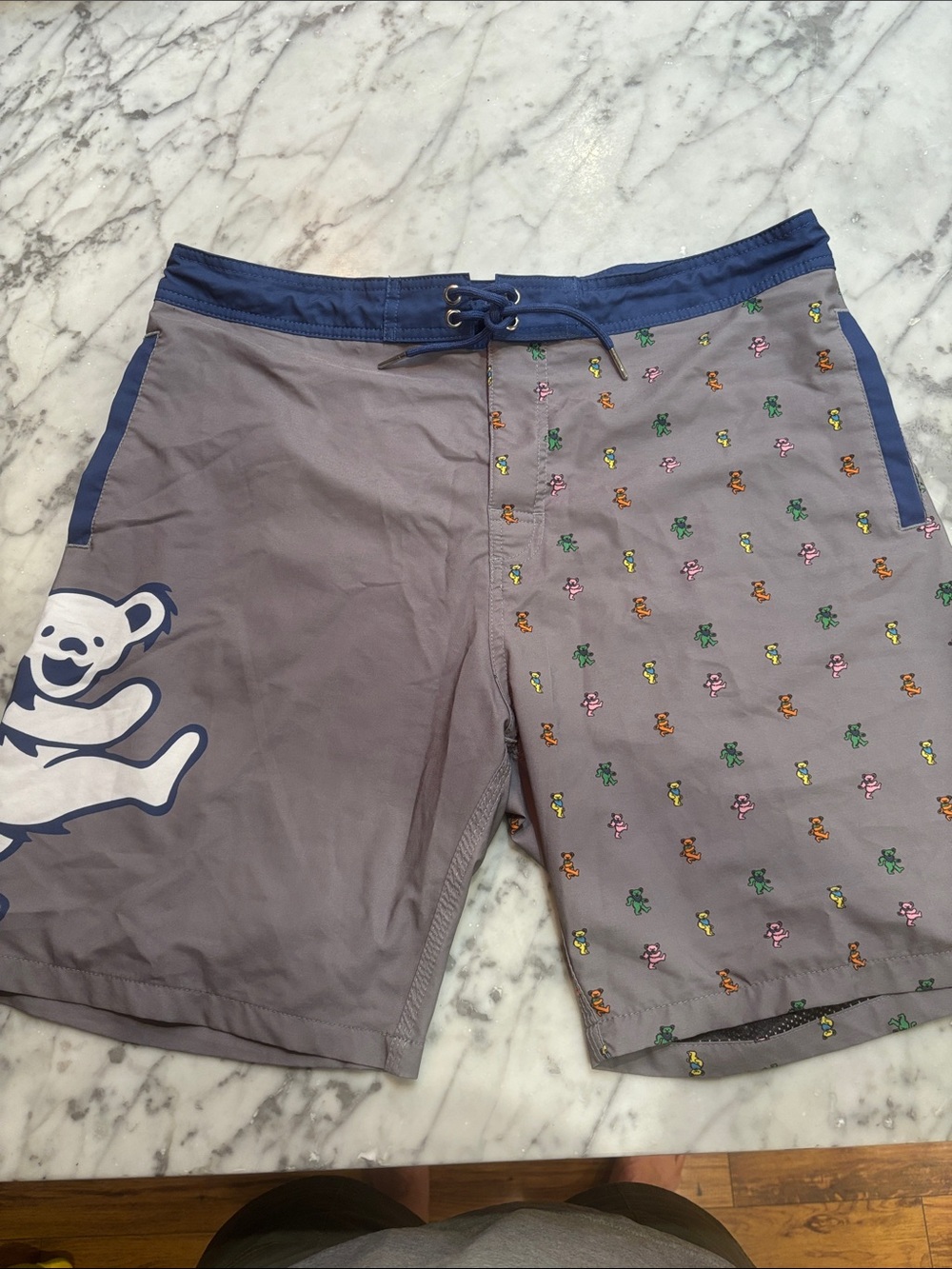 Men's Gray Swim Board Shorts with Navy Trim and Playful Bear Print
